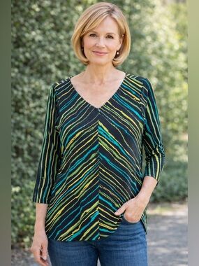 Bob Mackie Abstract Stripe Flowy Tunic Artsy Modern Boho Resortwear Bold Medium